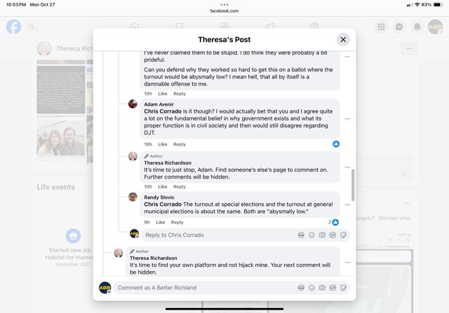 Facebook thread showing my comment hidden