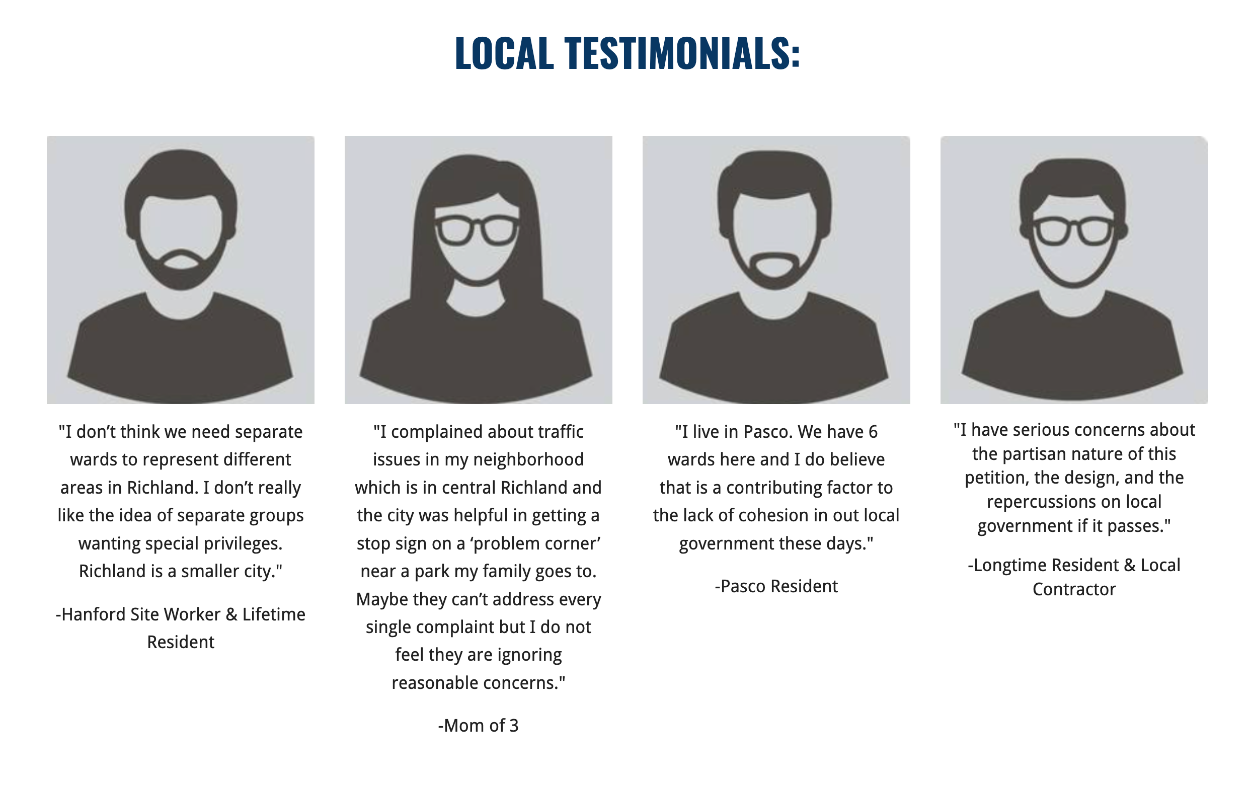 Four anonymous testimonials from the Columbia Basin PAC's Keep Richland One website