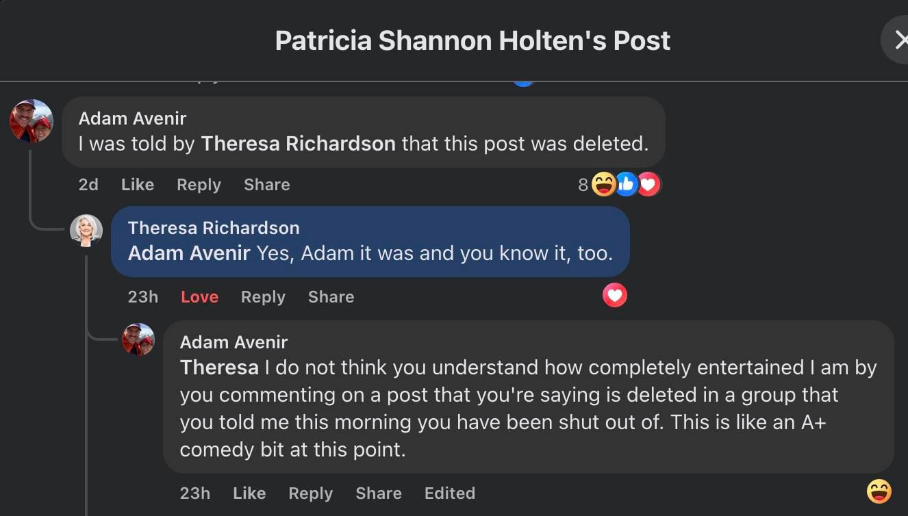 Mayor Richardson insisting to me that the literal post she is commenting on was deleted