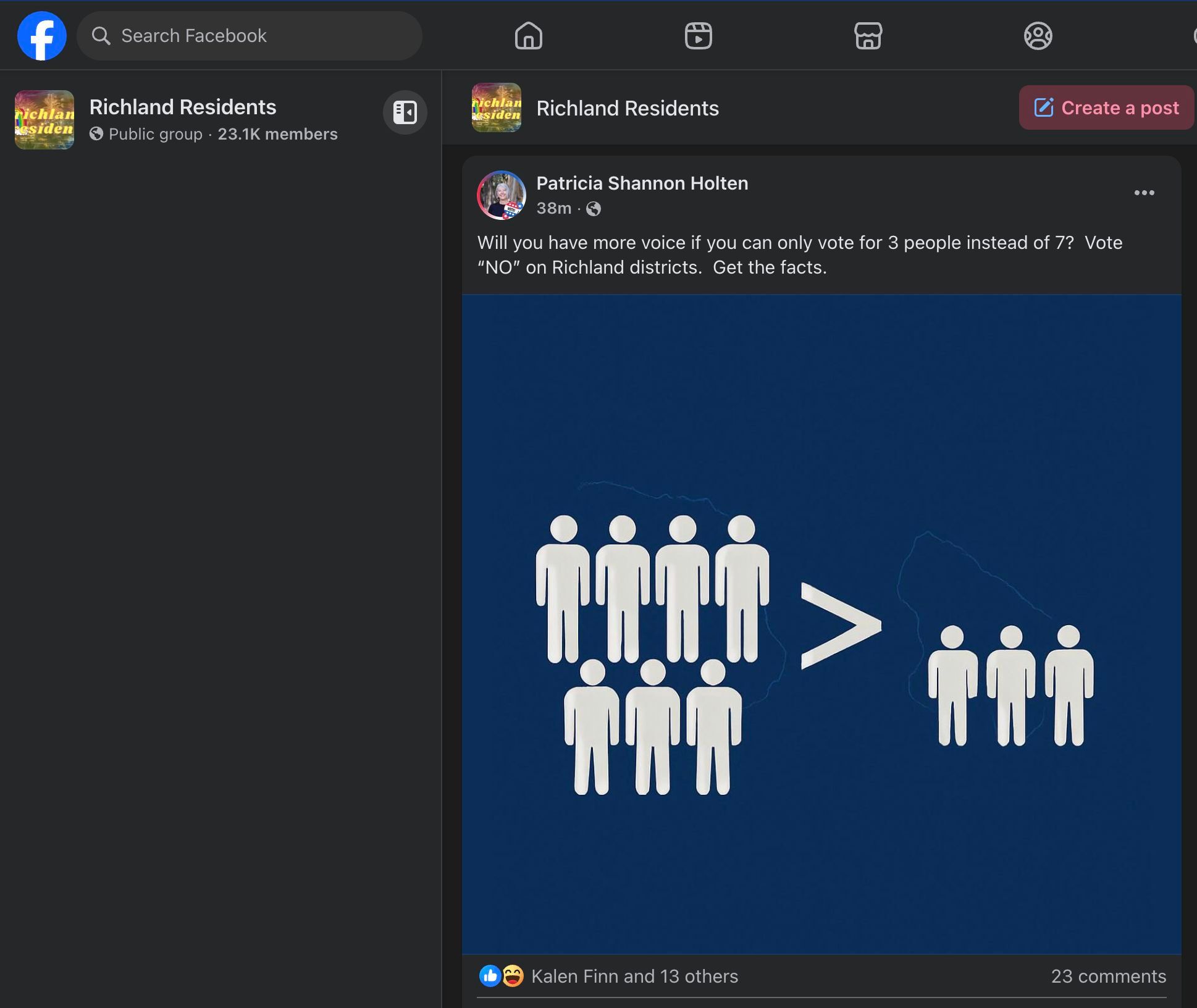 Pat Holten's post visible in the Facebook group